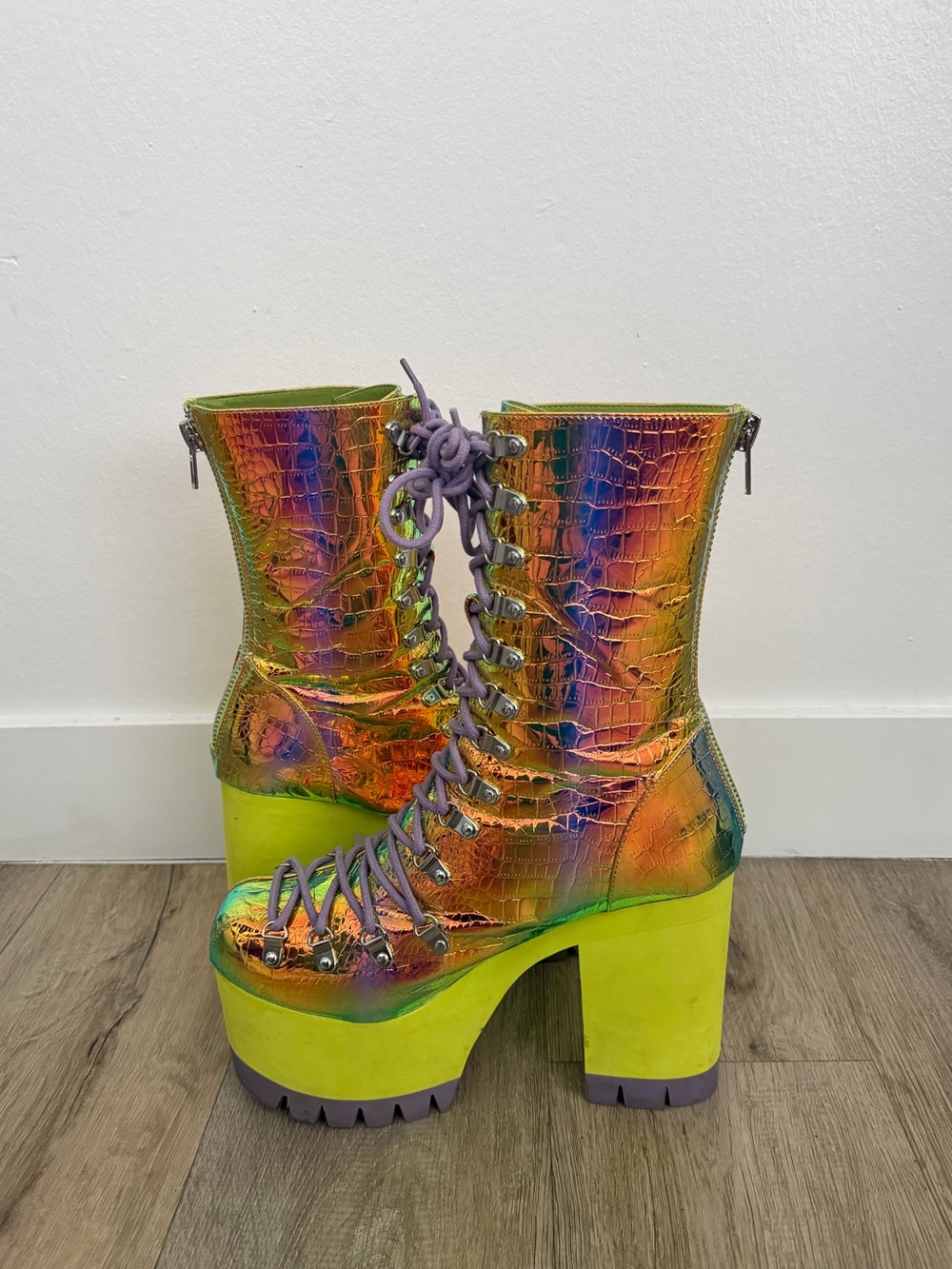 CLUB EXX Iridescent Platform Lace-Up Boots in Neon Green